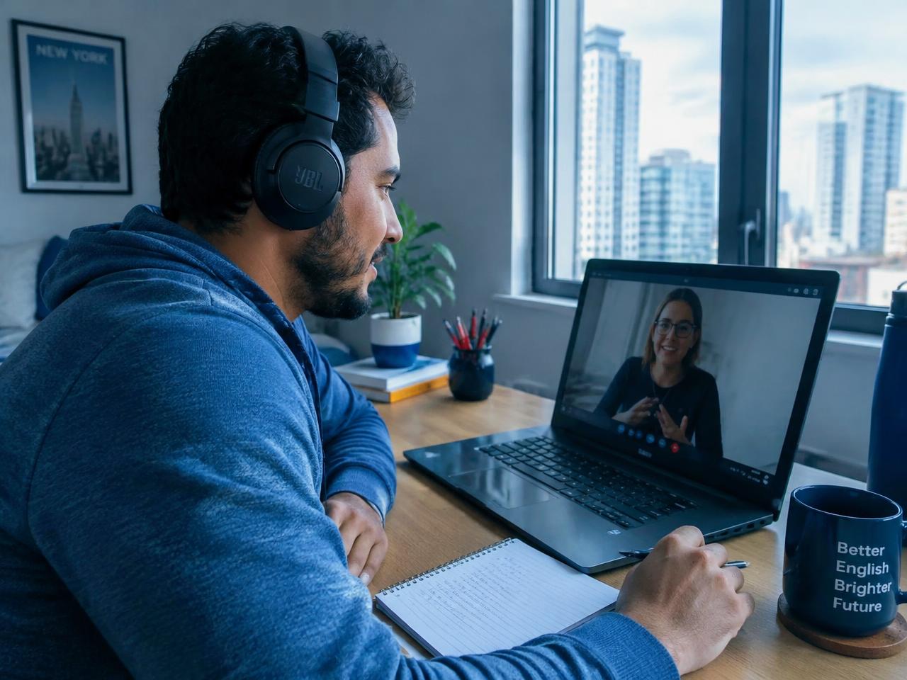 Aluno em aula de inglês online